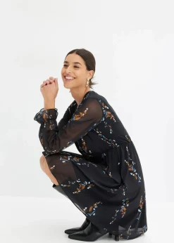 bonprix Bekleidung·Pullover & Strickjacken|Kleider^Meshkleid schwarz geblümt