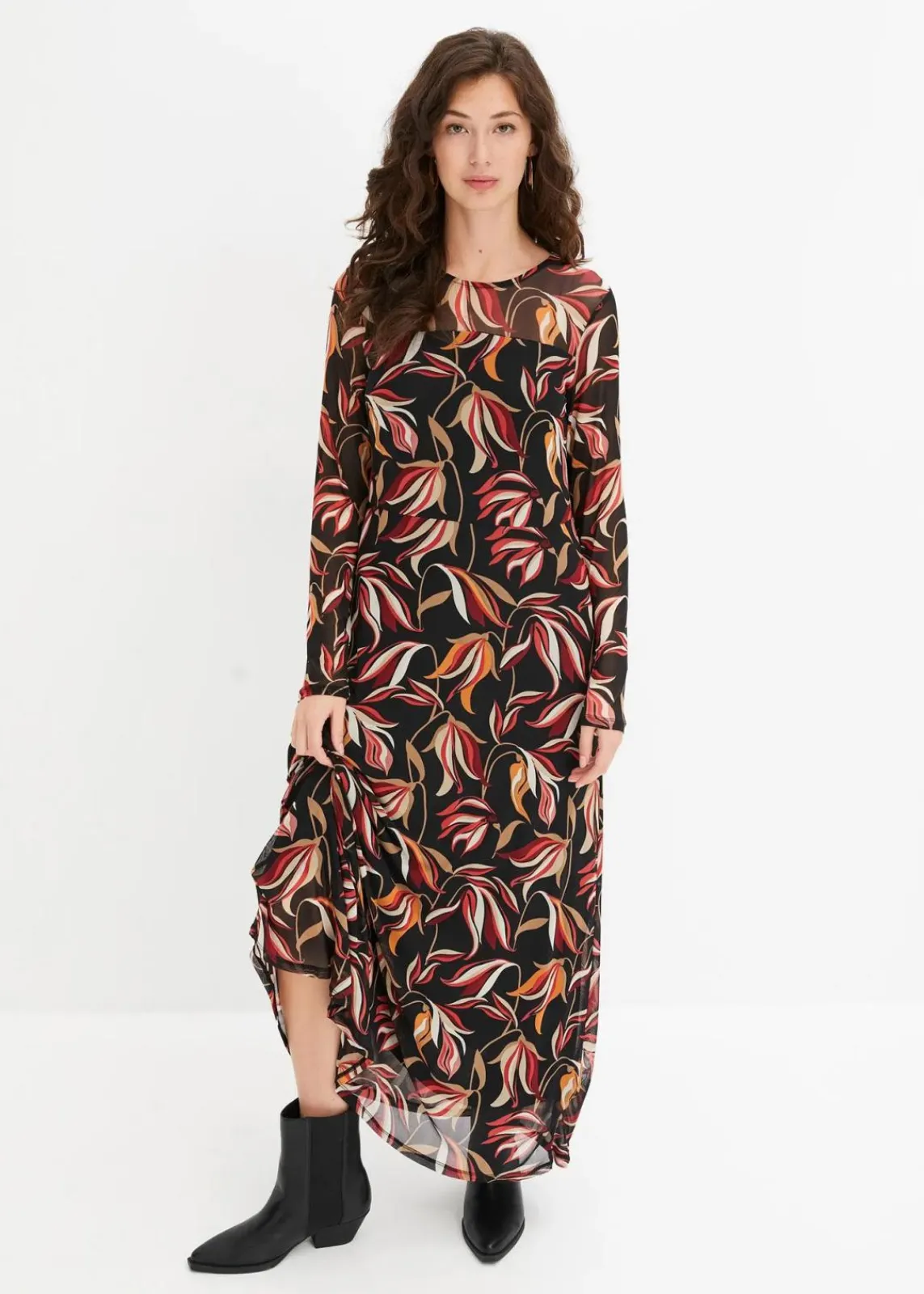 bonprix Kleider|Nachhaltigere Materialien^Meshkleid schwarz/rot bedruckt