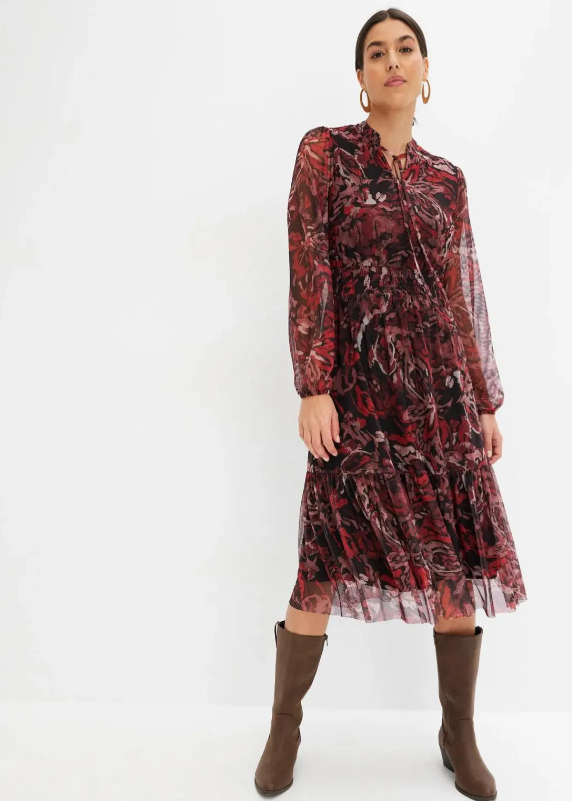 bonprix Kleider|Bekleidung·Pullover & Strickjacken^Mesh-Midikleid schwarz/rot bedruckt