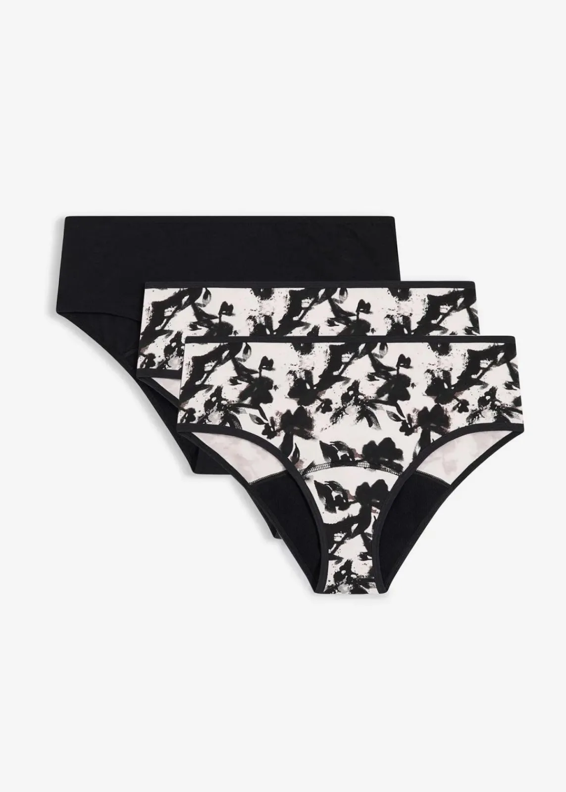 bonprix Wäsche·Baumwollunterwäsche|Wäsche·Höschen^Microfaser Perioden Panty mit mittlerer Saugkraft (3er Pack) naturbeige bedruckt + schwarz