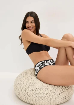 bonprix Wäsche·Baumwollunterwäsche|Wäsche·Höschen^Microfaser Perioden Panty mit mittlerer Saugkraft (3er Pack) naturbeige bedruckt + schwarz