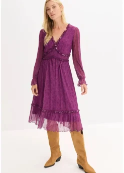 bonprix Bekleidung·Pullover & Strickjacken|Kleider^Midi-Jerseykleid aus Mesh dunkellila paisley