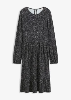 bonprix Bekleidung·Pullover & Strickjacken|Nachhaltigere Materialien^Midi-Jerseykleid aus Viskose-Mix schwarz mit weiß gepunktet