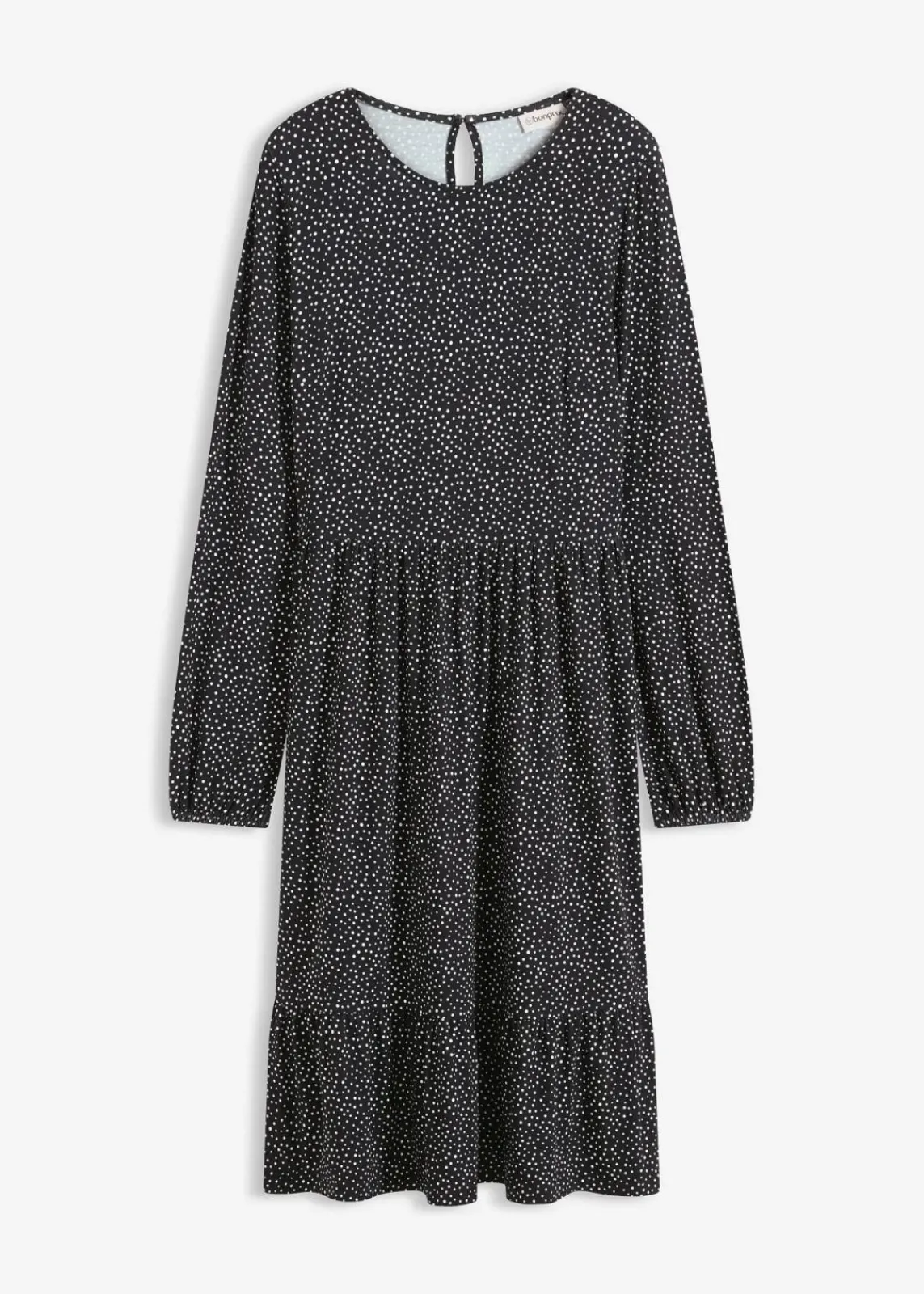 bonprix Bekleidung·Pullover & Strickjacken|Nachhaltigere Materialien^Midi-Jerseykleid aus Viskose-Mix schwarz mit weiß gepunktet