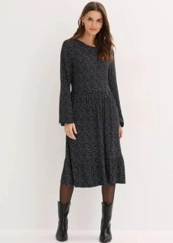 bonprix Bekleidung·Pullover & Strickjacken|Nachhaltigere Materialien^Midi-Jerseykleid aus Viskose-Mix schwarz mit weiß gepunktet