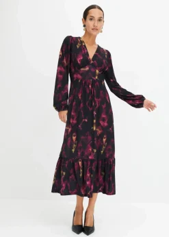 bonprix Kleider^Midikleid schwarz/lila bedruckt