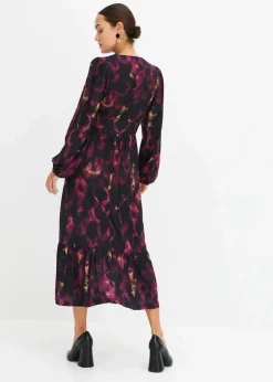 bonprix Kleider^Midikleid schwarz/lila bedruckt