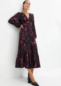 bonprix Kleider^Midikleid schwarz/lila bedruckt