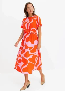 bonprix Nachhaltigere Materialien|Kleider^Midikleid orangerot/pink graphisch bedruckt