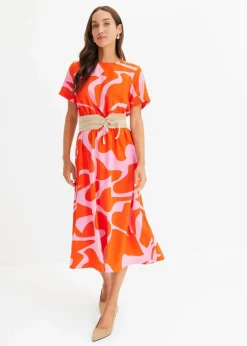 bonprix Nachhaltigere Materialien|Kleider^Midikleid orangerot/pink graphisch bedruckt