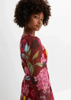 bonprix Bekleidung·Pullover & Strickjacken|Kleider^Midikleid bordeaux/pink floral