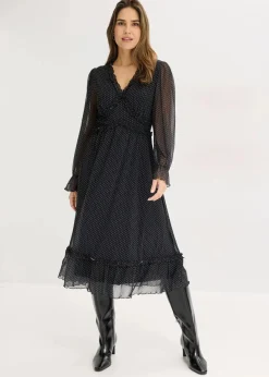 bonprix Bekleidung·Pullover & Strickjacken|Nachhaltigere Materialien^Midikleid schwarz mit weiß gepunktet