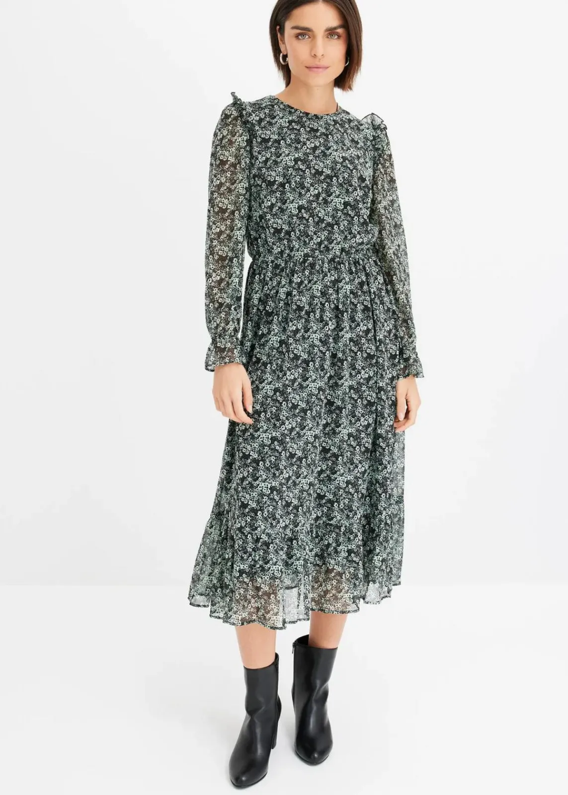 bonprix Bekleidung·Pullover & Strickjacken|Kleider^Midikleid schwarz/mint geblümt