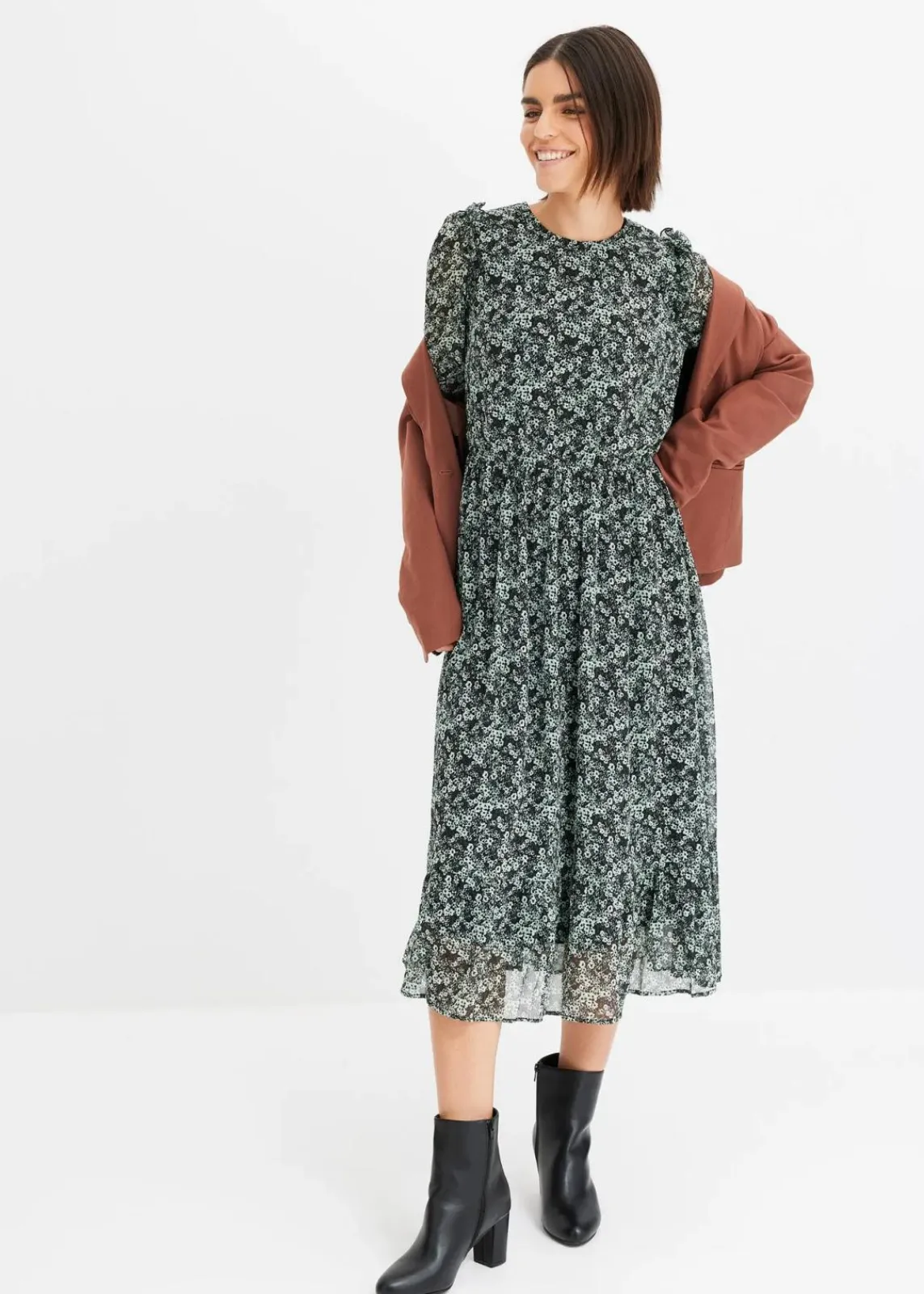 bonprix Bekleidung·Pullover & Strickjacken|Kleider^Midikleid schwarz/mint geblümt