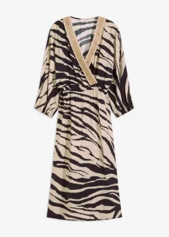 bonprix Bekleidung·Pullover & Strickjacken|Kleider^Midikleid aus fließendem Viskose-Mix schwarz/wollweiß zebra bedruckt