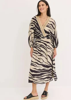 bonprix Bekleidung·Pullover & Strickjacken|Kleider^Midikleid aus fließendem Viskose-Mix schwarz/wollweiß zebra bedruckt
