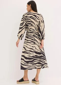 bonprix Bekleidung·Pullover & Strickjacken|Kleider^Midikleid aus fließendem Viskose-Mix schwarz/wollweiß zebra bedruckt