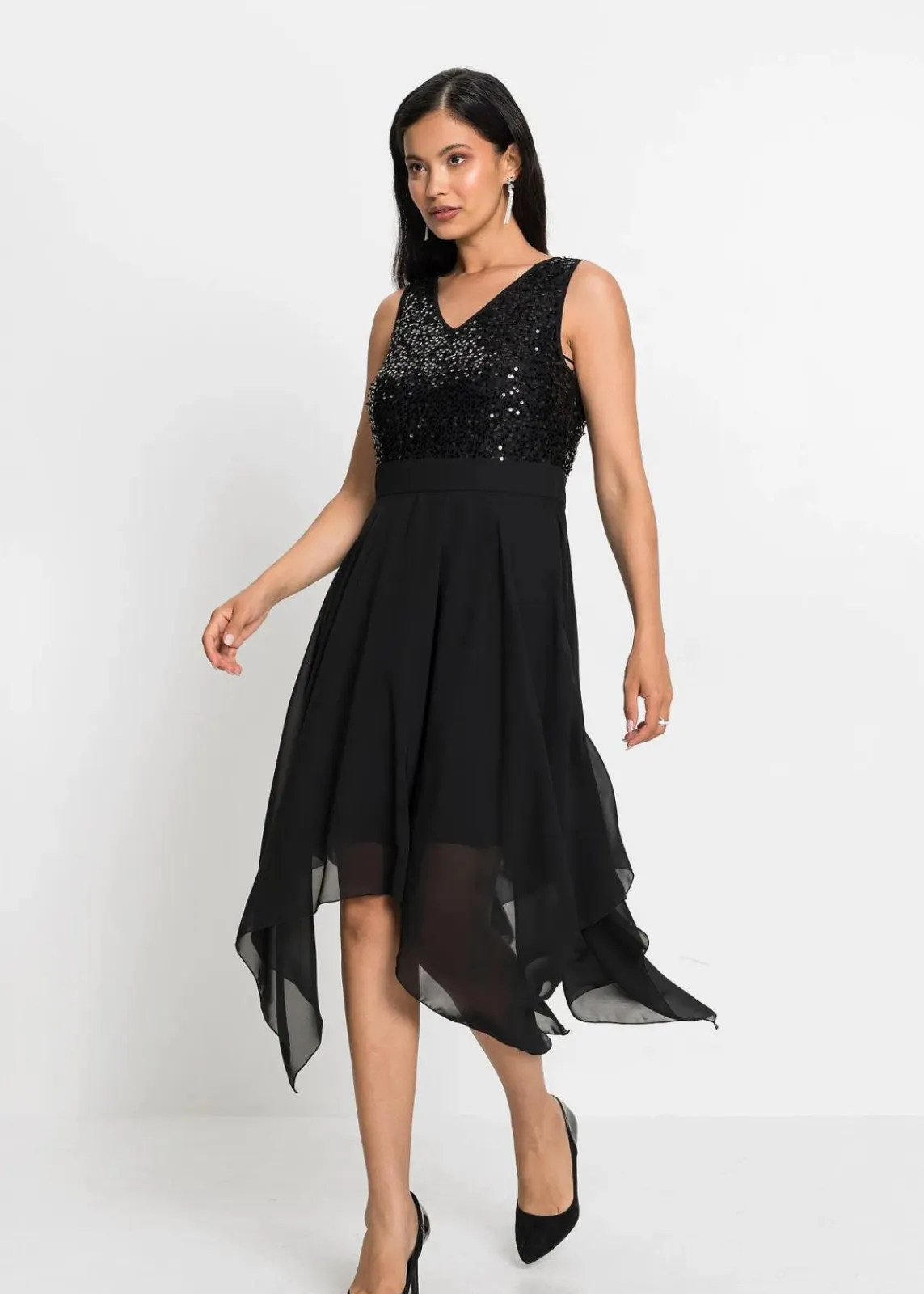 bonprix Kurzgrößen|Bekleidung·Pullover & Strickjacken^Midikleid aus feinem Chiffon mit Pailletten schwarz