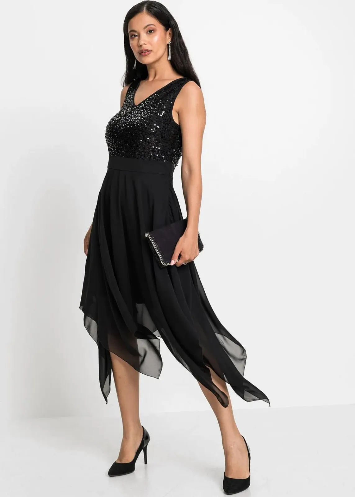bonprix Kurzgrößen|Bekleidung·Pullover & Strickjacken^Midikleid aus feinem Chiffon mit Pailletten schwarz