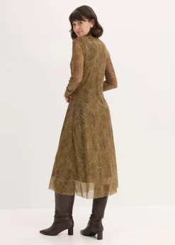 bonprix Bekleidung·Pullover & Strickjacken|Kleider^Midikleid aus feinem Mesh erdoliv/mistelgrün graphisch