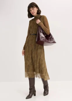 bonprix Bekleidung·Pullover & Strickjacken|Kleider^Midikleid aus feinem Mesh erdoliv/mistelgrün graphisch