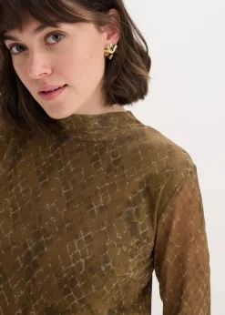 bonprix Bekleidung·Pullover & Strickjacken|Kleider^Midikleid aus feinem Mesh erdoliv/mistelgrün graphisch