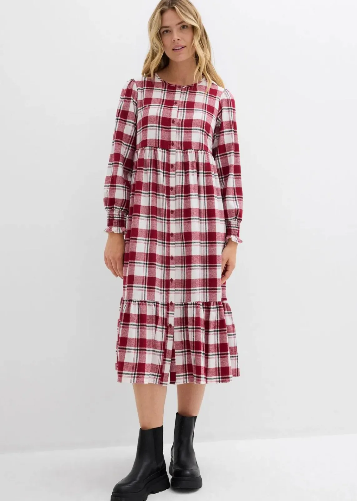 bonprix Kleider|Bekleidung·Pullover & Strickjacken^Midikleid aus Flanell pflaumenrot kariert