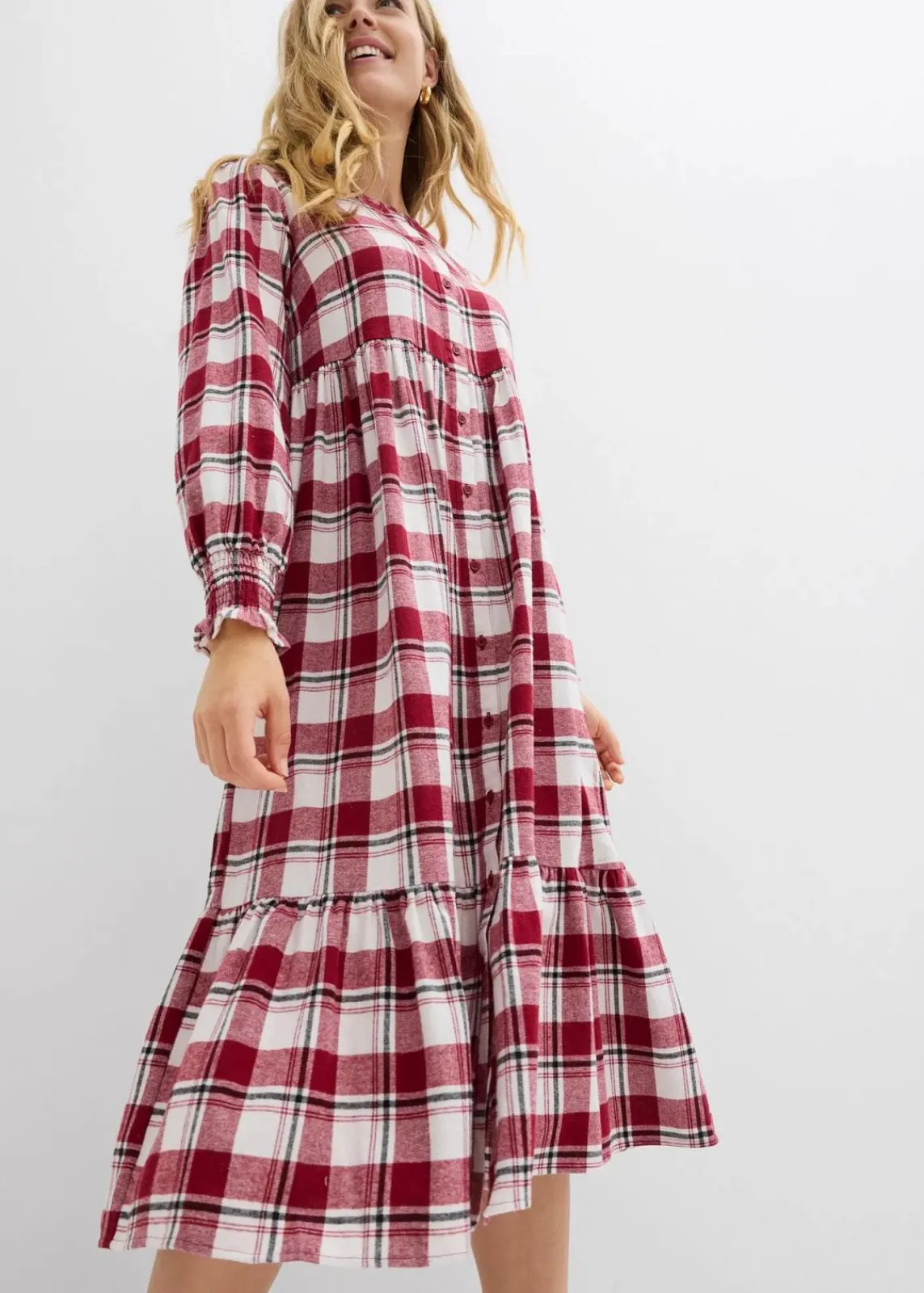 bonprix Kleider|Bekleidung·Pullover & Strickjacken^Midikleid aus Flanell pflaumenrot kariert