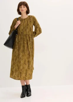 bonprix Bekleidung·Pullover & Strickjacken|Kleider^Midikleid aus fließendem Satin erdoliv/mistelgrün bedruckt