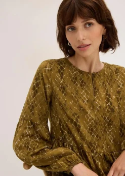 bonprix Bekleidung·Pullover & Strickjacken|Kleider^Midikleid aus fließendem Satin erdoliv/mistelgrün bedruckt