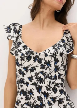bonprix Bekleidung·Pullover & Strickjacken^Midikleid aus fließendem Viskose-Mix wollweiß/schwarz/enzianblau floral