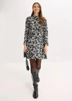 bonprix Bekleidung·Pullover & Strickjacken|Kleider^Midikleid aus fließendem Viskose-Mix schwarz/weiß graphisch