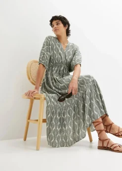 bonprix Bekleidung·Pullover & Strickjacken|Kleider^Midikleid aus fließender Viskose dunkelgrün/sandbeige graphisch