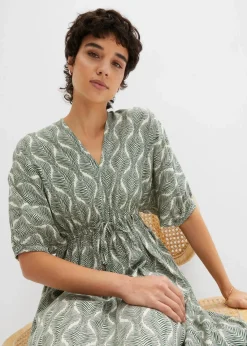 bonprix Bekleidung·Pullover & Strickjacken|Kleider^Midikleid aus fließender Viskose dunkelgrün/sandbeige graphisch