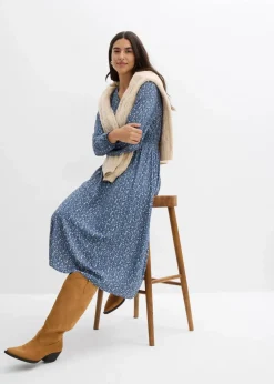 bonprix Bekleidung·Pullover & Strickjacken|Kleider^Midikleid aus fließender Viskose dunkelblau bedruckt