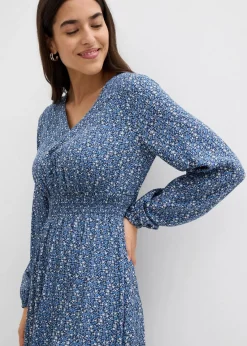 bonprix Bekleidung·Pullover & Strickjacken|Kleider^Midikleid aus fließender Viskose dunkelblau bedruckt