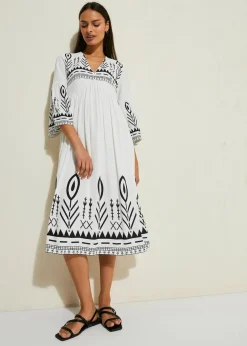 bonprix Bekleidung·Pullover & Strickjacken|Kleider^Midikleid aus fließender Viskose weiß bedruckt