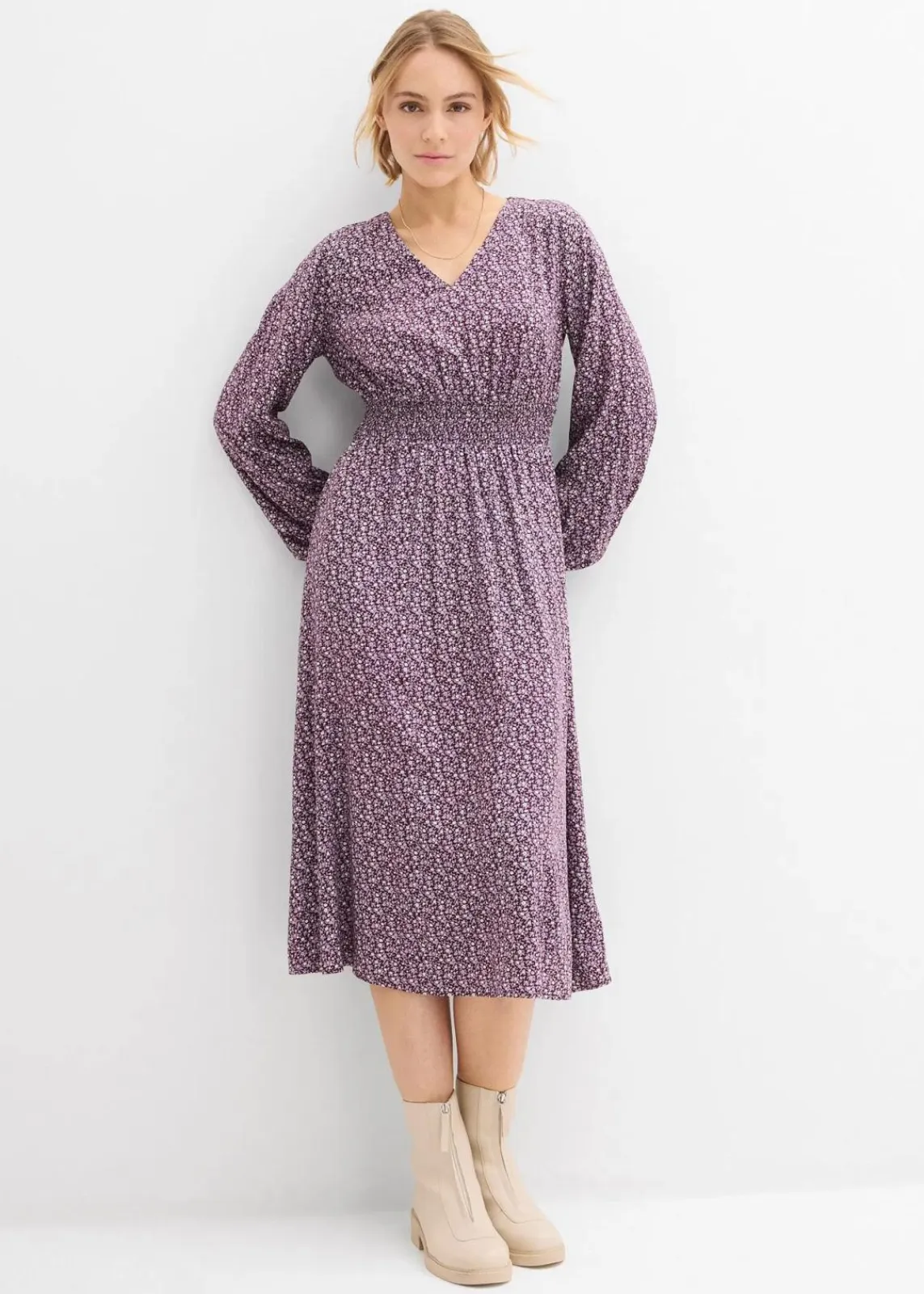 bonprix Kleider|Bekleidung·Pullover & Strickjacken^Midikleid aus fließender Viskose weinrot bedruckt