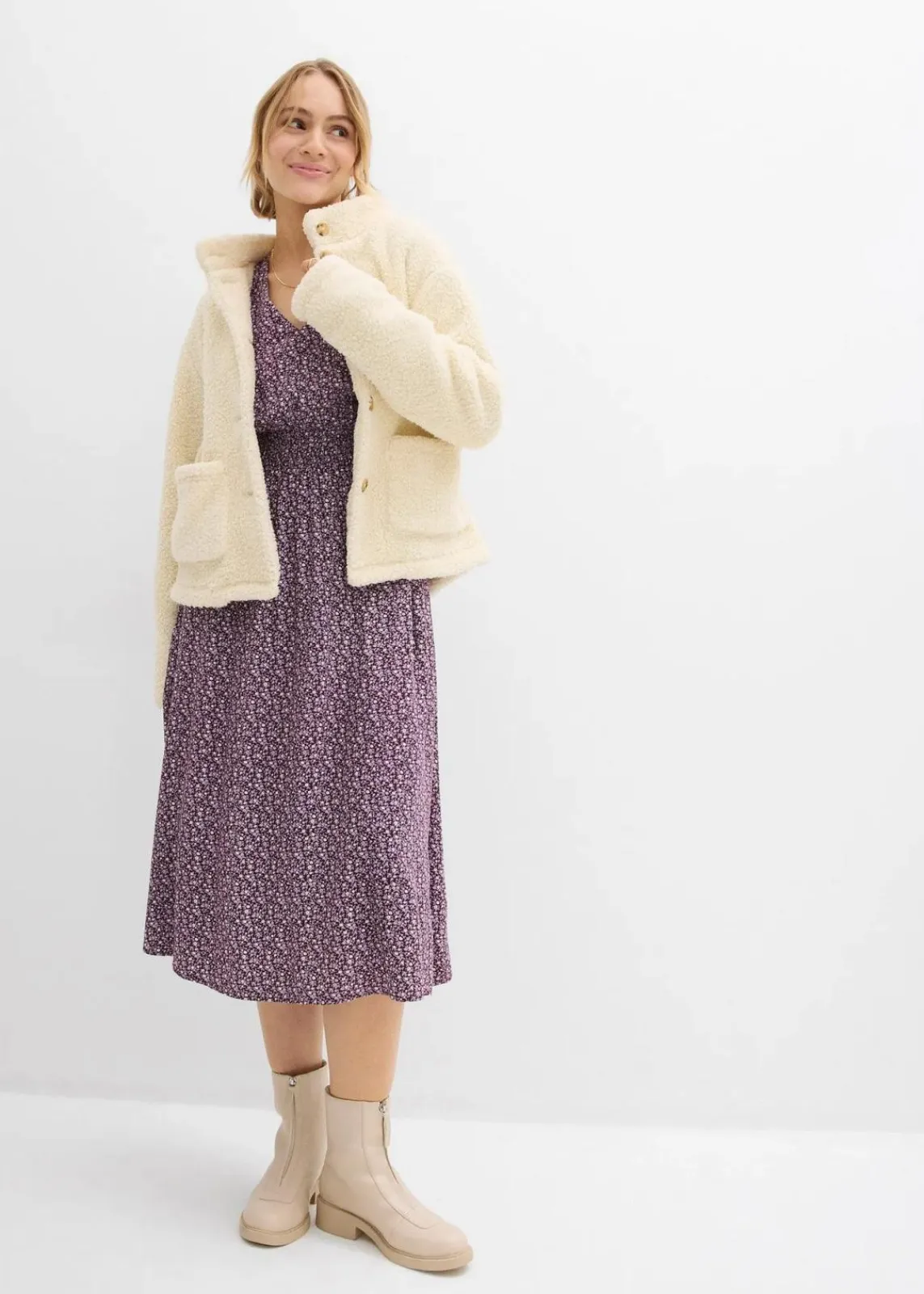 bonprix Kleider|Bekleidung·Pullover & Strickjacken^Midikleid aus fließender Viskose weinrot bedruckt