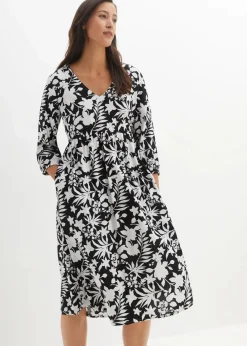 bonprix Bekleidung·Pullover & Strickjacken|Kleider^Midikleid aus fließender Viskose schwarz/weiß floral