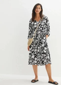 bonprix Bekleidung·Pullover & Strickjacken|Kleider^Midikleid aus fließender Viskose schwarz/weiß floral