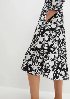bonprix Bekleidung·Pullover & Strickjacken|Kleider^Midikleid aus fließender Viskose schwarz/weiß floral