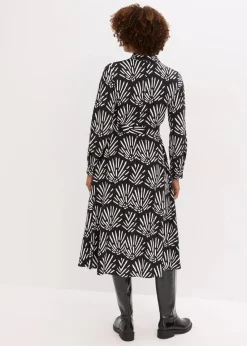 bonprix Bekleidung·Pullover & Strickjacken|Kleider^Midikleid aus fließender Viskose schwarz/weiß bedruckt