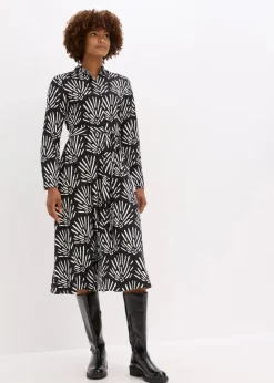 bonprix Bekleidung·Pullover & Strickjacken|Kleider^Midikleid aus fließender Viskose schwarz/weiß bedruckt