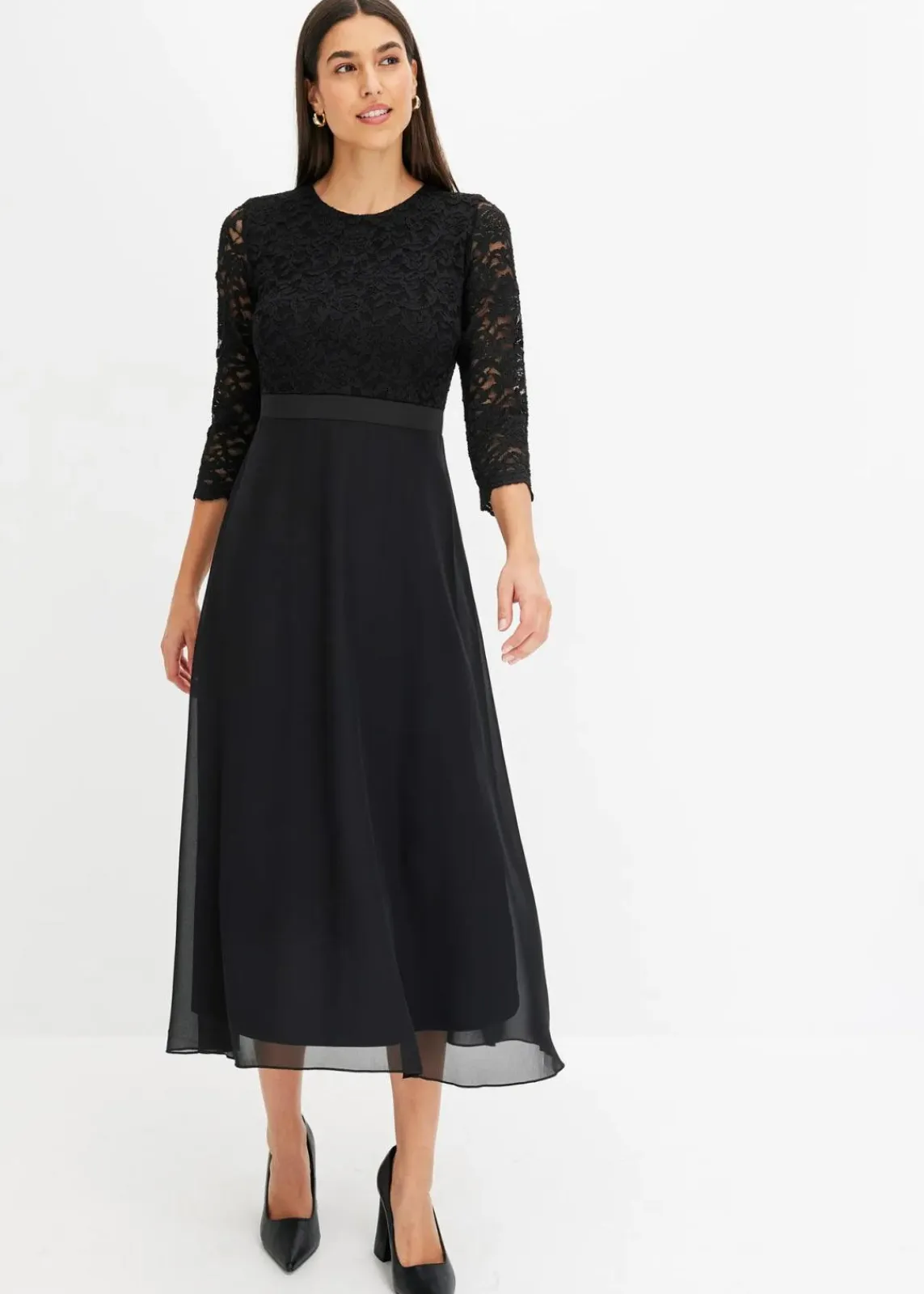 bonprix Kleider|Festliche Mode^Midikleid aus leichtem Chiffon mit Spitzen-Oberteil schwarz