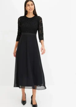bonprix Kurzgrößen|Bekleidung·Pullover & Strickjacken^Midikleid aus leichtem Chiffon mit Spitzen-Oberteil schwarz