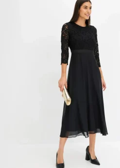 bonprix Kurzgrößen|Bekleidung·Pullover & Strickjacken^Midikleid aus leichtem Chiffon mit Spitzen-Oberteil schwarz