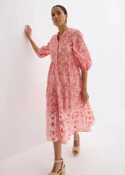bonprix Bekleidung·Pullover & Strickjacken|Kleider^Midikleid aus leichter Baumwolle erdbeere/wollweiß bedruckt
