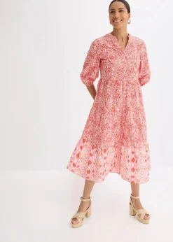 bonprix Bekleidung·Pullover & Strickjacken|Kleider^Midikleid aus leichter Baumwolle erdbeere/wollweiß bedruckt