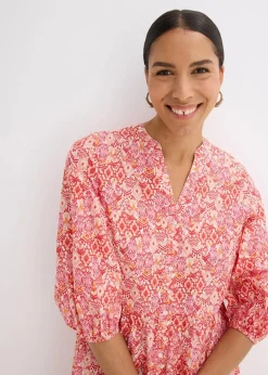 bonprix Bekleidung·Pullover & Strickjacken|Kleider^Midikleid aus leichter Baumwolle erdbeere/wollweiß bedruckt